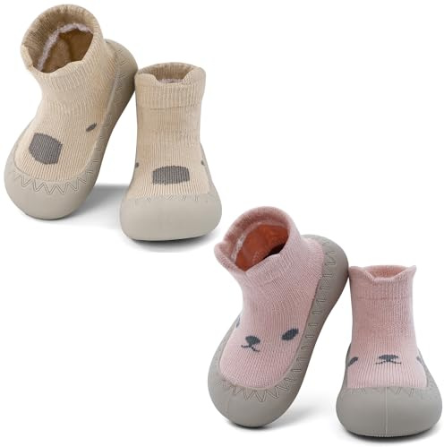 LACOFIA 2 Paia Scarpe Primi Passi Bambina Scarpe Calzino Neonata Traspiranti con Suola in Gomma Kaki+Rosa 6-12 Mesi