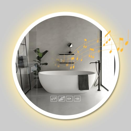 Yelyee Runder Badspiegel mit Beleuchtung und Bluetooth 60x60 cm, Dimmbar LED Spiegel mit Beleuchtung, DREI Farbtemperaturen, Touch-Schalter, Anti-Beschlag-Funktion, Timer-Einstellung, Memory-Funktion