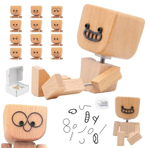 Tbintul Wackelnder Holzman, Schüttelnde Holzmann Figur, Wackelfigur Autodekoration, WackelmäNnchen Holz Mit 12 Magnetischen GesichtsausdrüCken, Holzfigurs Beweglich Wackel Auto Ornament