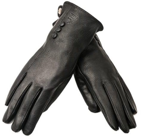 PPQIRU Läderhandskar för damer enkla varma kvinnor läderhandskar, kvinnors vintervantar, svart buckskin, Svart, 8