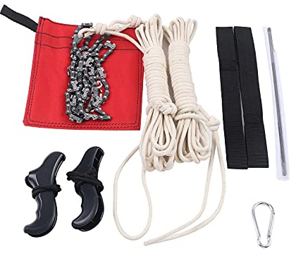48 Zoll Hand Kettensäge Outdoor Sägekette Tragbare Handsäge mit 2 Griffe, 2 Seile, Haken, Messerschärfer, Gürteltasche Baumsäge Zugsäge Astsäge Seilsäge Handkettensäge für Hausgärten, Gartenschnitt