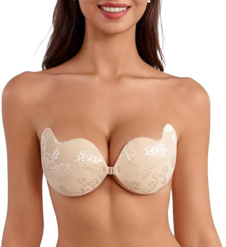 Women's Invisible Strapless Bra, Reusable Sticky Bra Skin-Friendly Stick on Push Up Bra Lace Adhesive Bra for Party, Bar, Beach, and Everyday Wearing Backless Bra for Women (UK, Cup & Band, D, Beige)