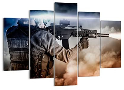 ARTTOR Bilder auf Leinwand 150x100cm Leinwandbild Armee Soldat Shooter kugelsichere Weste Groß XXL Wanddeko Bild Schlafzimmer Set 5 teilige Wandbilder Dekoration Wohnzimmer Canvas Art EA150x100-2493