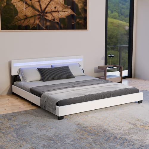 Juskys Polsterbett 180x200 cm – Bett Paris mit LED Beleuchtung, Lattenrost & Kopfteil, modernes Doppelbett aus Kunstleder & Holz – Weiß