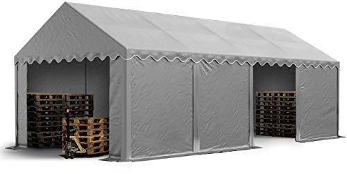 TOOLPORT Lagerzelt 4x8 m Industriezelt Unterstand PVC Plane 750 N grau mit Bodenrahmen und Dachverstärkung