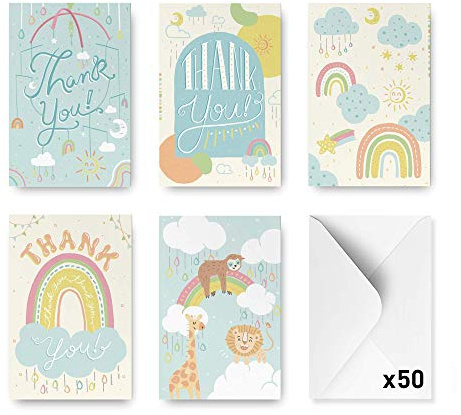 Rileys & Co Biglietti di Ringraziamento Comunione (50 Pezzi Assortiti), Biglietti Bomboniera Battesimo Grandi, 5 Fantasie Illustratate a Mano, Buste Incluse, Confezione Convenienza (Celeste)
