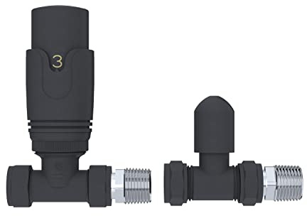 iBathUK Equa 1/2 Thermostatic Straight Radiator Valve TRV + Lockshield, Brass Build Compatible with Panel, Column, Towel & Designer Radiators, Wall/Floor Mount Universal Fit Valves in Matt Anthracite