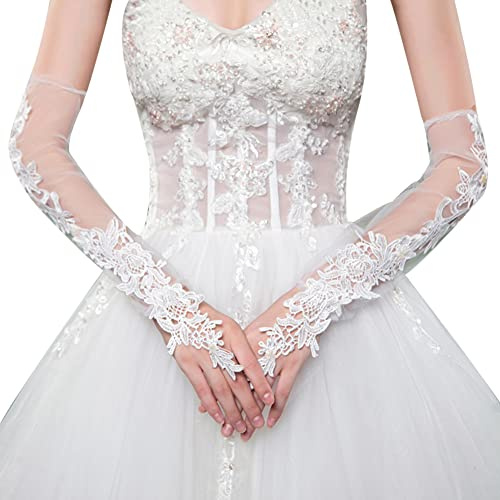 Uposao Guantes de novia para boda, guantes de princesa con flores de encaje codo largo sin dedos, guantes de niña para ópera, fiesta, carnaval, baile, accesorios de boda para mujer, color blanco