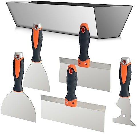 Socpuro Drywall Hand Tool Kit, 5Pcs Stainless Steel Putty Knife Scrapers Taping Knife with Mud Pan for Drywall Repairing, Paint Scraping and Wallpaper Removing (6pcs)