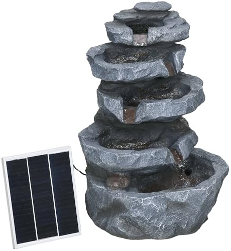 Outsunny Fontaine de Jardin à énergie Solaire Roche en Cascade à 5 Niveaux en résine avec lumières LED et Pompe dim. 38L x 31l x 55H cm Gris