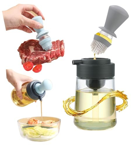 KICPUK 2 in 1 Speiseölspender Mit Silikonbürste, Küche Speiseöl Glasflasche, Silikon Material Squeeze Dropper, Kann Gebratenes Fleisch und Gemüse Bürsten (Grau)