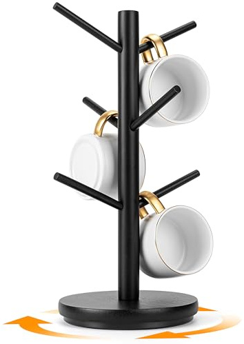 MyLifeUNIT Mug Holder Tree, 360° Rotated Coffee Cup Holder with 6 Hooks, Wooden Coffee Mug Holder Organizer for Counter Top, Coffee Bar Accessories (Black)