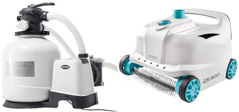 Intex 26652 – Pompa Filtro a Sabbia Krystal Clear, Flusso d'Acqua 12000 L/h, Flusso di Sistema 9200 L/h, Plastica, Bianco & 28005 Pulitore Piscina