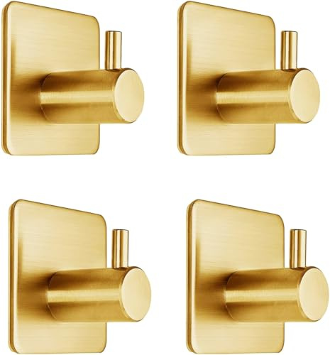 Fotosnow Gold Adhesive Hooks 15LB (Max), Non Tarnish Sticky Hooks for Hanging Towels, Coat, Backpack, Purse, Hat, Key, Self-Adhesive Towel Holder for Shower Closet Bathroom-4 Packs