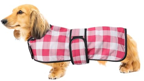 Geyecete Hunde Regenmantel,Einstellbar Wasserdicht Hundejacke für Dackel,Regenmantel mit reflektierenden Trägern,Regenjacken mit Gürtel mit Klettverschluss für Miniaturdackel-Kariert Rosa-XS
