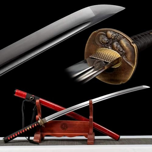 KWXPW Japanischer Samurai-Schwert,Federstahl Klinge,Holzscheide,handgefertigt Katana,103cm Katana sowrds für Iaido,Kendo-Training,Cosplay, Dekoration,Requisiten