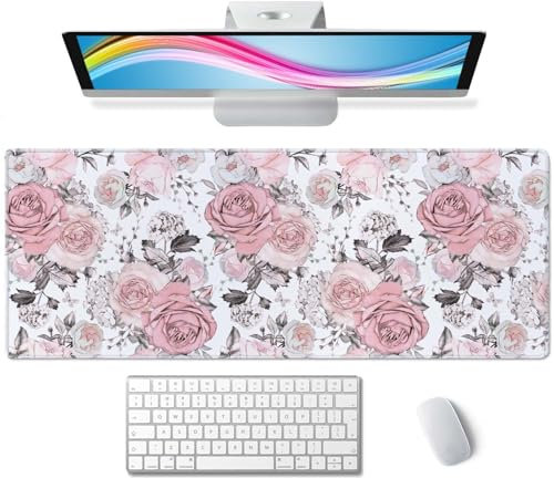 Cute Pink Flowers Desk Pad XL Gaming Mousepad & Laptop Computer Keyboard Mat 31.5''X 11.8'' Cute Desk Decor Accessories