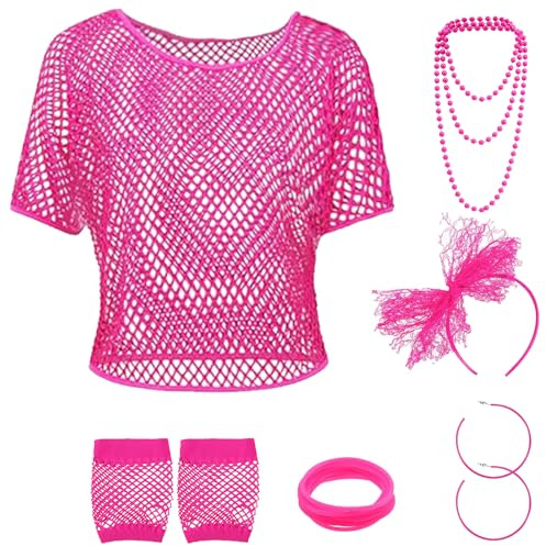 TYXHXTF 80er 90er Jahre Outfit Damen, Netzshirt, Accessoires Kostüm Set Retro, Netzhandschuhe, Stirnband, Halskette, Armband, Ohrring, für Karneval Party