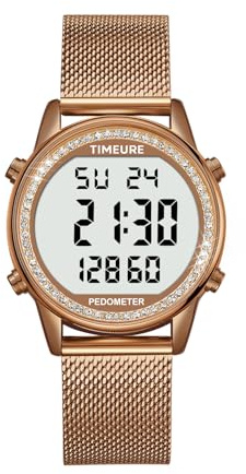 TIMEURE Women's Step Counter Pedometer Watch Crystal Stone, No App, No Charging Needed for Step, Calorie, Distance Tracking, Alarm, Countdown Timer, TU-2401 (Crystal Brown)