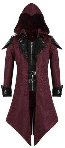 AJGEGJE Gothic Steampunk Vintage Mantel, Retro Mantel Viktorianischen Mittelalter Frack, Karneval Party Cosplay Herren Kostüme für Erwachsene (Rot, L)