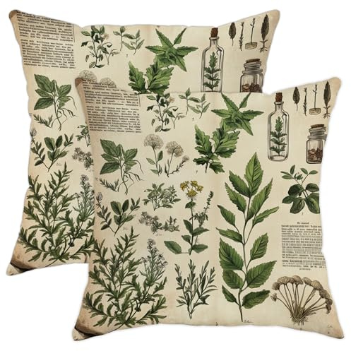 Herbal Pillow Covers Set of 2, Green Botanical Plant Throw Pillows Case, Nature Inspired Decorative Square Farmhouse Decor Cushion Covers for Home Sofa Bed Couch 18x18 Inch