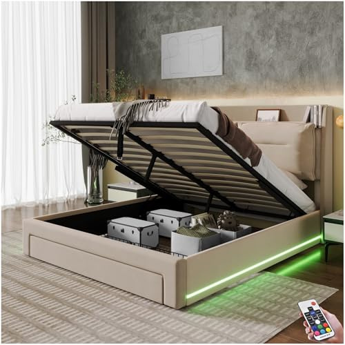 Lubvtti Letto imbottito con luce LED e cassetto,letto contenitore idraulico,letto matrimoniale con contenitore,Telaio del letto 180x200 con rete a doghe e testata,velluto,Beige