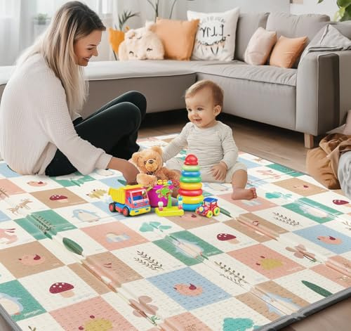 Krabbelmatte Baby 180 x 200 Spielmatte Baby Faltbar XXL 1,5 cm Gepolstert | Baby Matte Spielmatte Schadstofffrei, Wasserdichte & Rutschfeste | Tragbare Spielmatte mit Doppelseitigem Muster