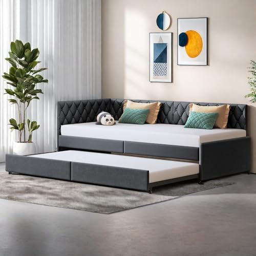 LKPOMI 3-sits hopfällbar soffa sammetstyg bäddsoffa dubbel vadderad säng med ribbram för sovrum vardagsrum, utan kudde, 180 x 200 cm (grå) 1)