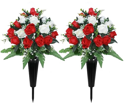 LOSFOTBO 2 Sets Artificial Cemetery Flowers for Grave,Realistic Grave Flowers for Cemetery,Silk Rose with Vase for Headstone Tombstone Decoration Easy fit (Red White)