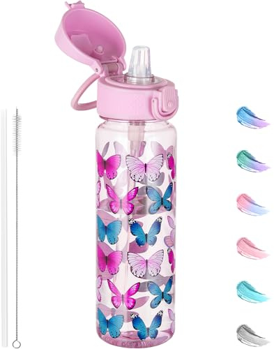 GOPPUS 500ML/17OZ Clear Tritan Water Bottle with Straw Transparent Childrens Drinks Bottle with Carrying Handle See Through Measured Bottles with Flip Top Lid Leakproof Adults Water Bottles BPA Free