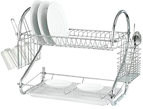 SK COOKWARE 2 Tier Dish Drainer Rack with Drip Tray & Utensil Holder, Dish Drainer Organizer, Cup Holder and Dish Drying Rack for Kitchen Countertop, Silver
