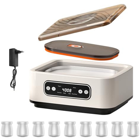 Yaourtière avec 9 verres à portions – Pour jusqu'à 1600 ml de yaourt, écran LCD avec touche, 48 heures de travail, arrêt automatique, réglage électronique de la température, 15 W