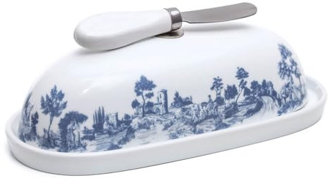 Burriera in Ceramica, burriera con Coperchio, burriera in Ceramica Vintage, burriera con Coltello da tavola, burriera Francese, for Cucina, Frigorifero, burriera for Uso Domestico(Blue)