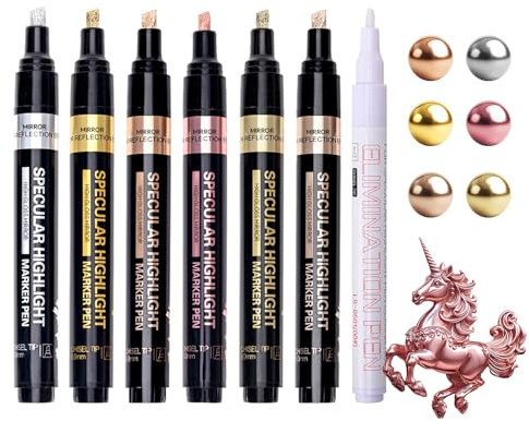 Resiners Chrom-Lackmarker für Resin, 7 PCS Spiegelglanz Metallic-Stifte | 1 Farbentferner & 6 Farben Chrom-Marker mit Spiegelglanz, 2-5-mm-Spitzen für Epoxidharz, Modelle, Glas, Metall & DIY
