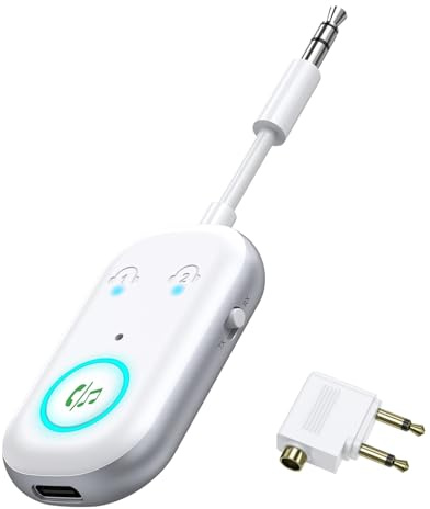 Ankilo Receptor transmisor Bluetooth 5.3, adaptador inalámbrico 2 en 1 Bluetooth de avión con micrófono para llamadas, conexión dual, tiempo de reproducción de 16 horas, adaptador de auriculares