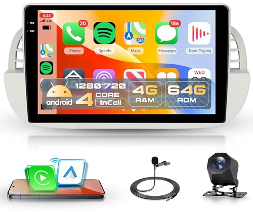 Rimoody 4G+64G Car Stereo for Fiat 500 2007-2015 Wireless CarPlay Android Auto, Android 15 Car Radio 9'' In-Cell Touch Screen/GPS/Bluetooth 5.0/FM RDS/EQ/Wi-Fi/Mirror Link, AHD Rear Camera