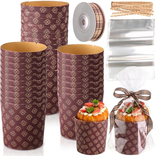 Reallnaive 30 Sets 12 oz Easter Corrugated Panettone Paper Baking Molds Sets Disposable Paper Bread Forms Panettone Pans with Plaid Ribbon Clear Plastic Bags and Ties for Cake Bakery Cups(Brown)