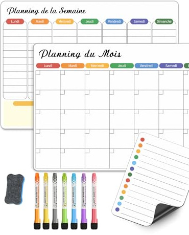 SONNELD Planning hebdomadaire magnétique effaçable pour réfrigérateur, tableau blanc, planificateur hebdomadaire familial avec 7 marqueurs de couleur idéal comme planificateur familial magnétique