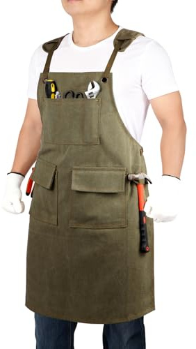 QuQuRuan Work Apron with Pockets Thickened Waxed Canvas Apron Extended Adjustable Strap Waterproof Apron Protection for Men (Military Green)