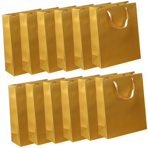 LALADEFIEE Geschenktüten zur Aufbewahrung und Verpackung aus Kraftpapier Goldene mit Henkel 12 Einfach Faltbar und Bequem Tragbar für Partys und Täglichen Gebrauch