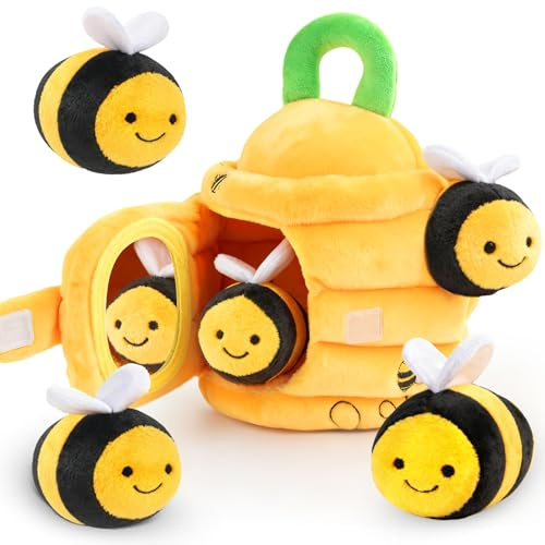 Sensory Beehive Toy, Baby Toy with 5 Textured Bees for Rattle and Crinkle Play, Developmental Activity Center for Infant and Toddler Boys and Girls.