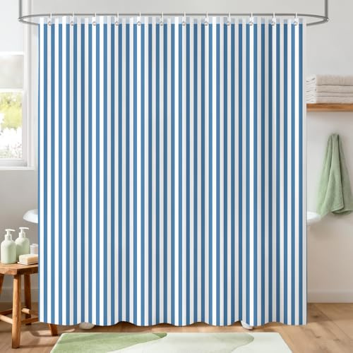 Hopomoon Duschvorhang 180x200 cm Blau Weiß Gestreift, Anti-Schimmel Wasserdicht Polyester Textil Badvorhang für Badewanne & Dusche, Stoff Vorhang Blickdicht Waschbar, 12 Ringe