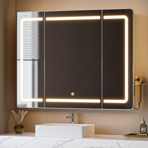 Hzuaneri Spiegelschrank Bad mit LED-Beleuchtung und verstell. Regale