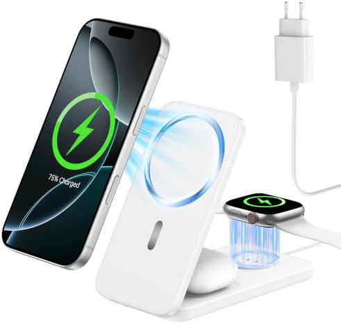 XNYAND Chargeur sans Fil 3 en 1 Magnétique, Station de Charge Pliable | Compatible MagSafe pour iPhone 17/16/15/14/13/12, Apple Watch et AirPods, Chargeur Induction pour Maison, Bureau et Voyage