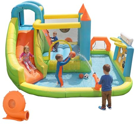 Castillo hinchable para niños con tobogán y parque acuático, castillo hinchable con soplador de 450 W, piscina infantil, canasta de baloncesto y portería de fútbol, castillo de juego para jardín al