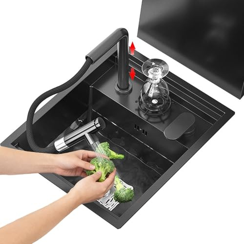 Évier De Cuisine Dissimulé Avec Couvercle Robinet Extractible Relevable Et Rince-verre Évier Simple En Acier Inoxydable Gain Place Pour Camping-cars Cafés Comptoirs Bar(Black steel)