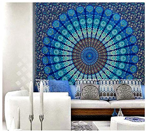 raajsee Indian Cotton Blue Tapestry Mandala Wall Hangings, Boho Throw Bohemian Bedding Queen Bedspread 140X210 CMS