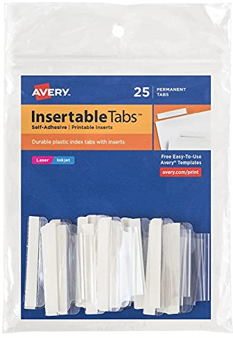 Avery Insertable Self-Adhesive Tabs with Printable Inserts, 2, Permanent Adhesive, Clear, Pack of 25 Index Tabs (16241)