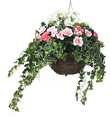 Closer2Nature Artificial Pink and White Azalea and Geranium Display in a 14 Round Willow Hanging Basket - Artificial Bedding Plug Plant and Display Range