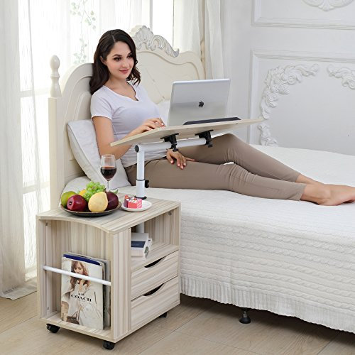 Emall Life funktioneller drehbarer Nachttisch aus verstellbarem Holz mit Schubladen, Rädern und offenem Regal (weißer Ahorn)